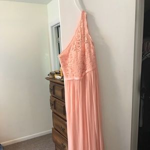 Peach David’s bridal bridesmaids dress